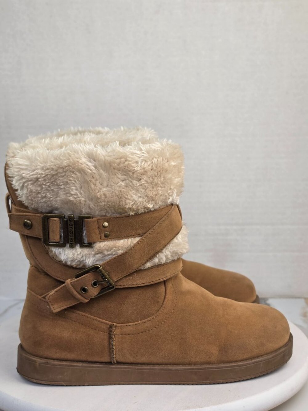 G by Guess Azzie Faux Fur Suede Tan Winter Boots Cozy Boho Y2K Snow Booties 7.5M